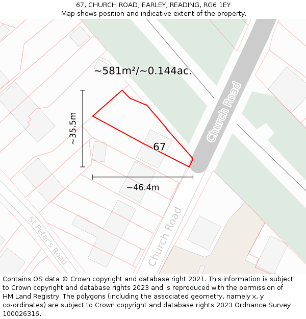 67, CHURCH ROAD, EARLEY, READING, RG6 1EY: Plot and title map