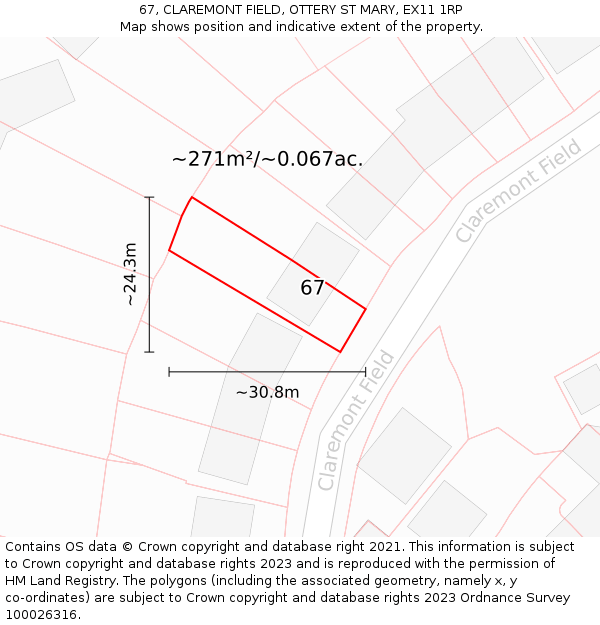 67, CLAREMONT FIELD, OTTERY ST MARY, EX11 1RP: Plot and title map