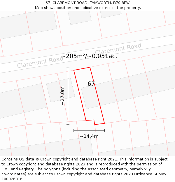 67, CLAREMONT ROAD, TAMWORTH, B79 8EW: Plot and title map