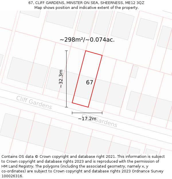 67, CLIFF GARDENS, MINSTER ON SEA, SHEERNESS, ME12 3QZ: Plot and title map