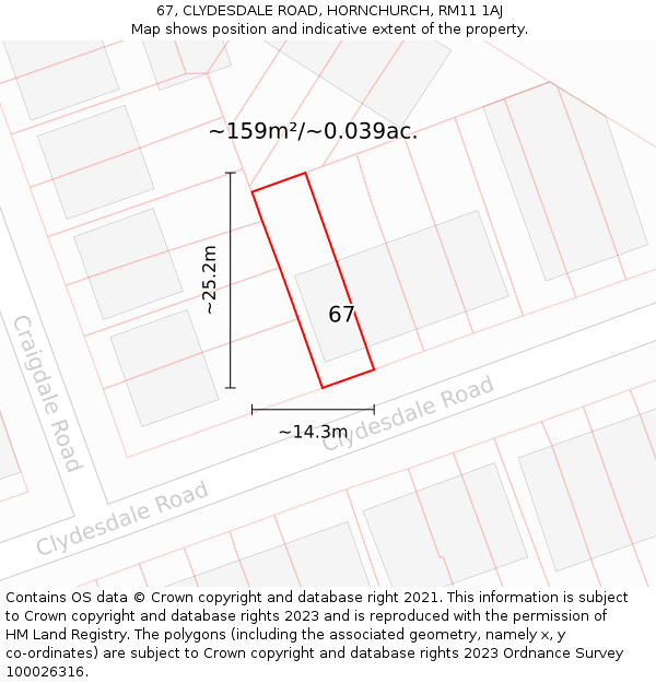 67, CLYDESDALE ROAD, HORNCHURCH, RM11 1AJ: Plot and title map
