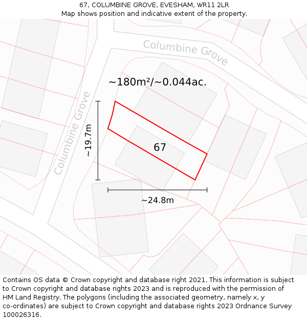 67, COLUMBINE GROVE, EVESHAM, WR11 2LR: Plot and title map