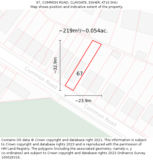 67, COMMON ROAD, CLAYGATE, ESHER, KT10 0HU: Plot and title map