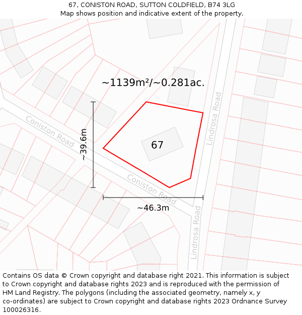 67, CONISTON ROAD, SUTTON COLDFIELD, B74 3LG: Plot and title map