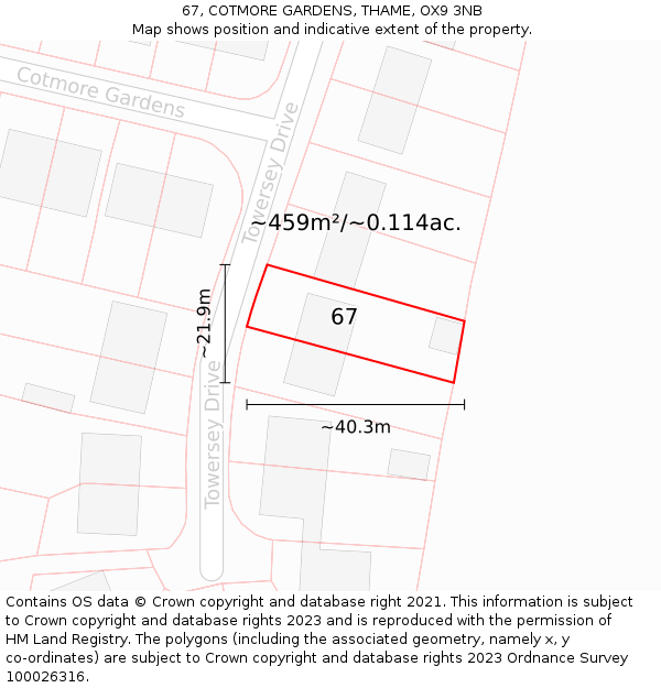 67, COTMORE GARDENS, THAME, OX9 3NB: Plot and title map