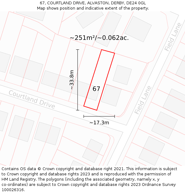 67, COURTLAND DRIVE, ALVASTON, DERBY, DE24 0GL: Plot and title map