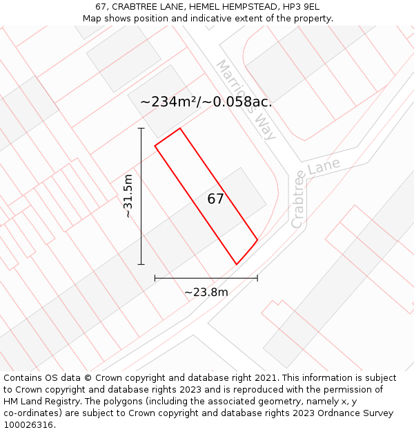 67, CRABTREE LANE, HEMEL HEMPSTEAD, HP3 9EL: Plot and title map