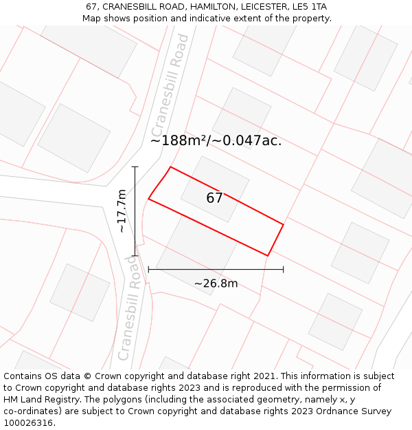 67, CRANESBILL ROAD, HAMILTON, LEICESTER, LE5 1TA: Plot and title map