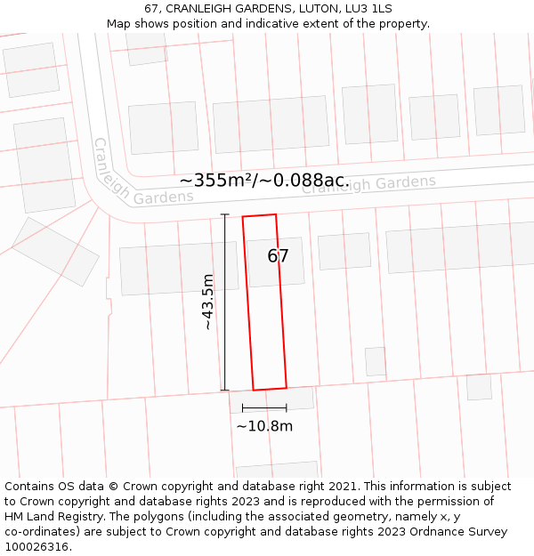 67, CRANLEIGH GARDENS, LUTON, LU3 1LS: Plot and title map