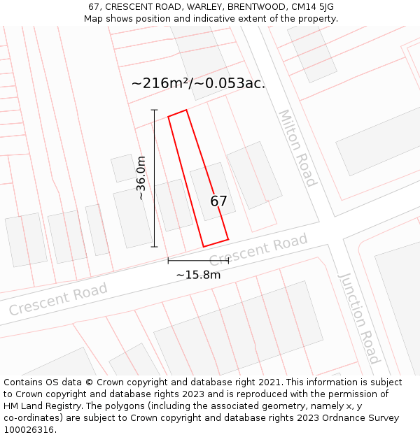 67, CRESCENT ROAD, WARLEY, BRENTWOOD, CM14 5JG: Plot and title map