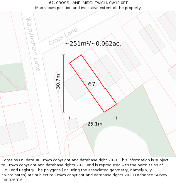 67, CROSS LANE, MIDDLEWICH, CW10 0ET: Plot and title map