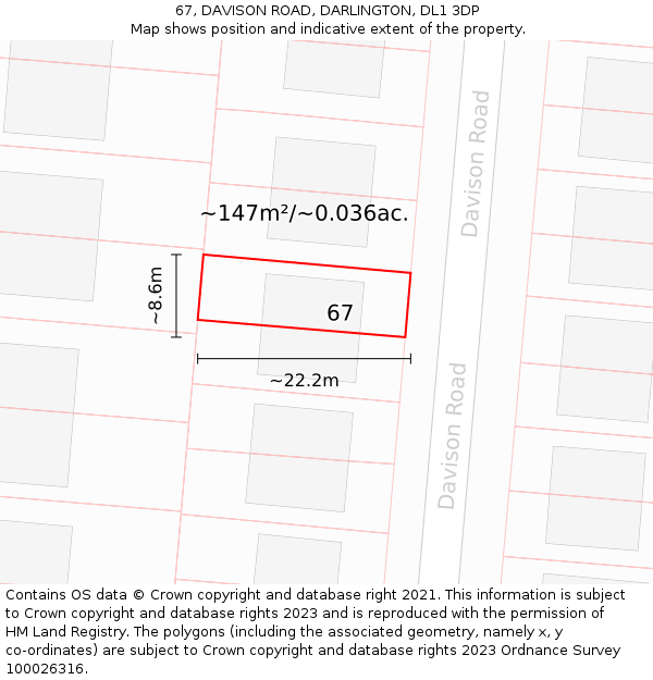 67, DAVISON ROAD, DARLINGTON, DL1 3DP: Plot and title map