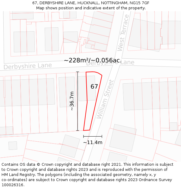 67, DERBYSHIRE LANE, HUCKNALL, NOTTINGHAM, NG15 7GF: Plot and title map