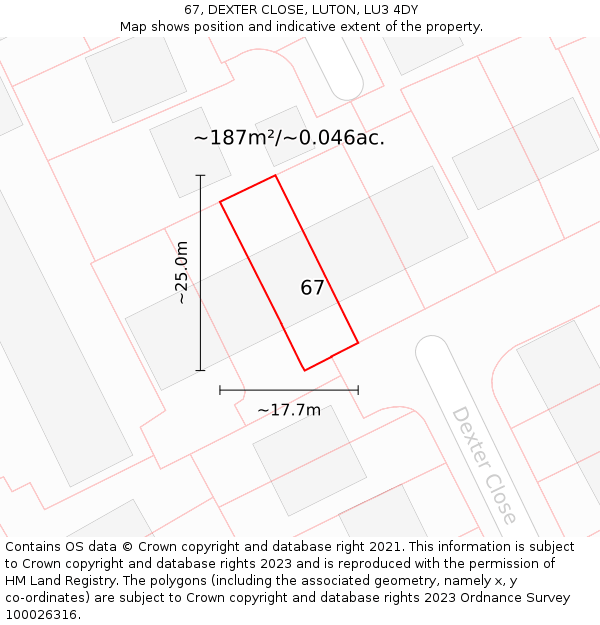 67, DEXTER CLOSE, LUTON, LU3 4DY: Plot and title map