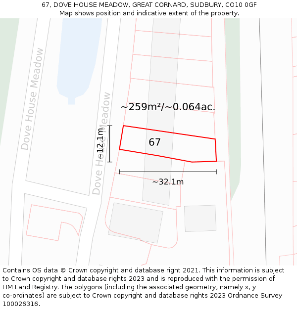 67, DOVE HOUSE MEADOW, GREAT CORNARD, SUDBURY, CO10 0GF: Plot and title map