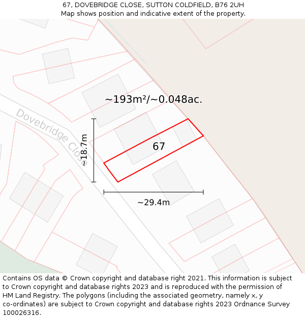 67, DOVEBRIDGE CLOSE, SUTTON COLDFIELD, B76 2UH: Plot and title map
