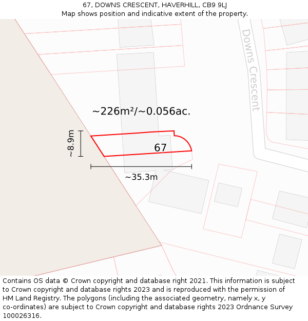 67, DOWNS CRESCENT, HAVERHILL, CB9 9LJ: Plot and title map