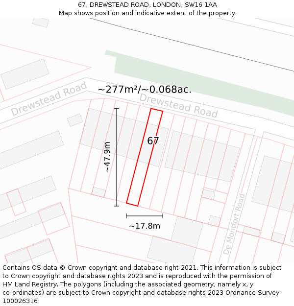 67, DREWSTEAD ROAD, LONDON, SW16 1AA: Plot and title map