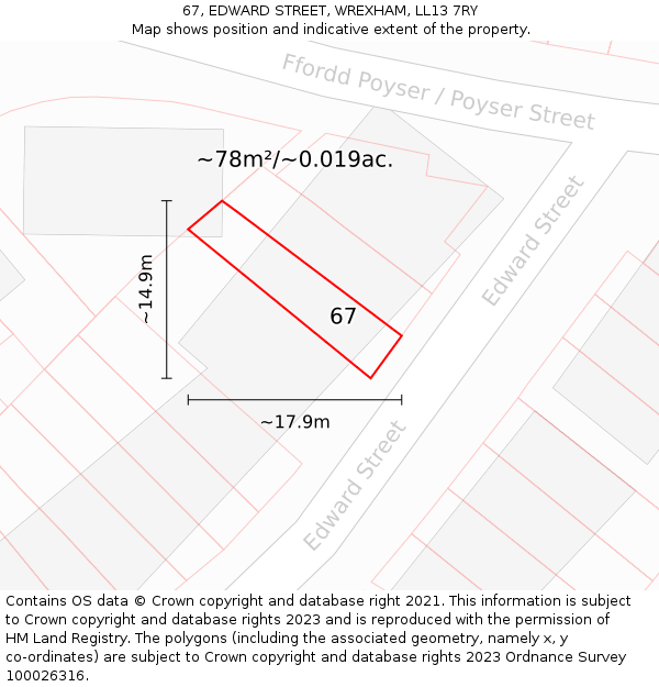 67, EDWARD STREET, WREXHAM, LL13 7RY: Plot and title map