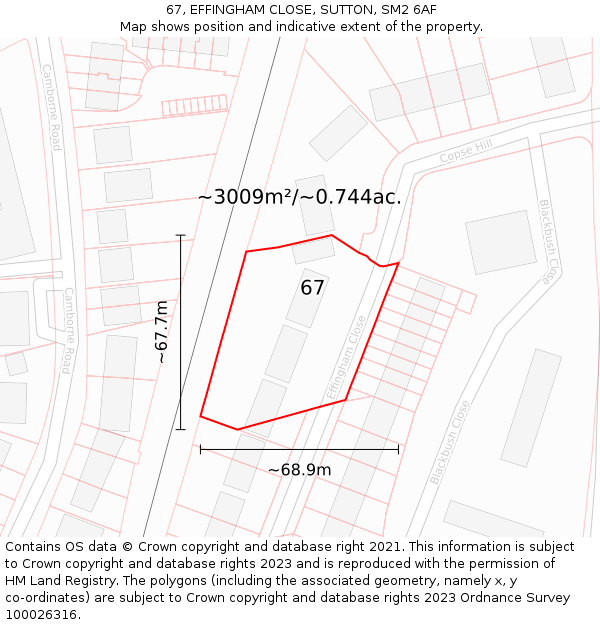 67, EFFINGHAM CLOSE, SUTTON, SM2 6AF: Plot and title map