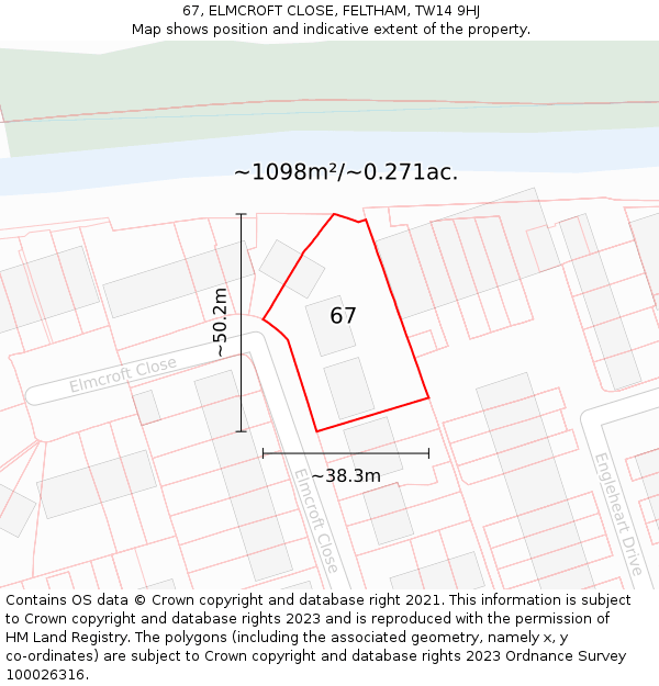67, ELMCROFT CLOSE, FELTHAM, TW14 9HJ: Plot and title map