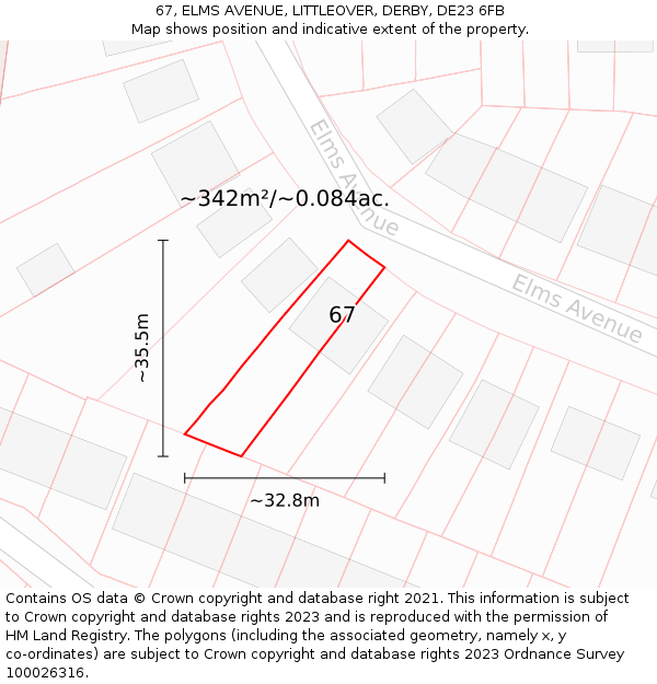 67, ELMS AVENUE, LITTLEOVER, DERBY, DE23 6FB: Plot and title map