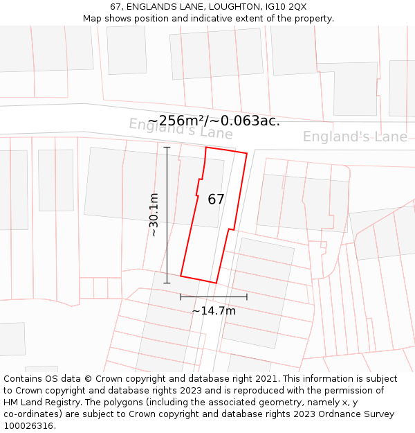 67, ENGLANDS LANE, LOUGHTON, IG10 2QX: Plot and title map