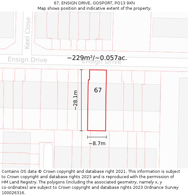 67, ENSIGN DRIVE, GOSPORT, PO13 9XN: Plot and title map