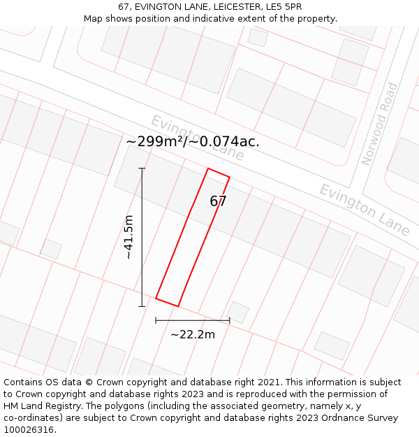 67, EVINGTON LANE, LEICESTER, LE5 5PR: Plot and title map