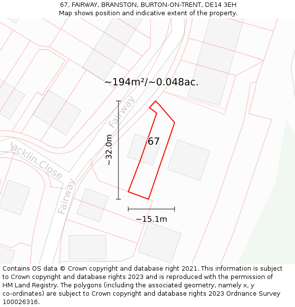 67, FAIRWAY, BRANSTON, BURTON-ON-TRENT, DE14 3EH: Plot and title map