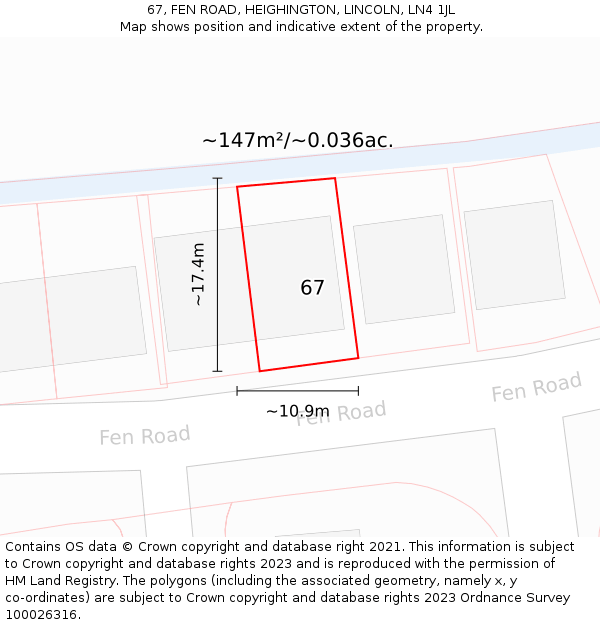 67, FEN ROAD, HEIGHINGTON, LINCOLN, LN4 1JL: Plot and title map