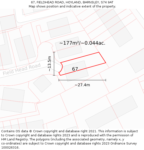 67, FIELDHEAD ROAD, HOYLAND, BARNSLEY, S74 9AT: Plot and title map