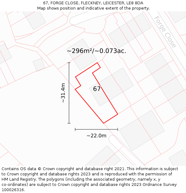 67, FORGE CLOSE, FLECKNEY, LEICESTER, LE8 8DA: Plot and title map