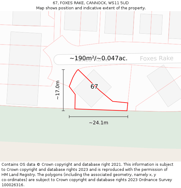 67, FOXES RAKE, CANNOCK, WS11 5UD: Plot and title map