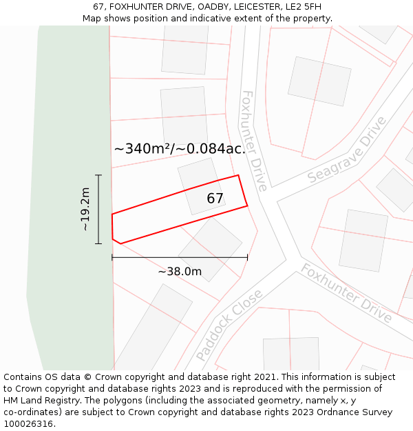 67, FOXHUNTER DRIVE, OADBY, LEICESTER, LE2 5FH: Plot and title map