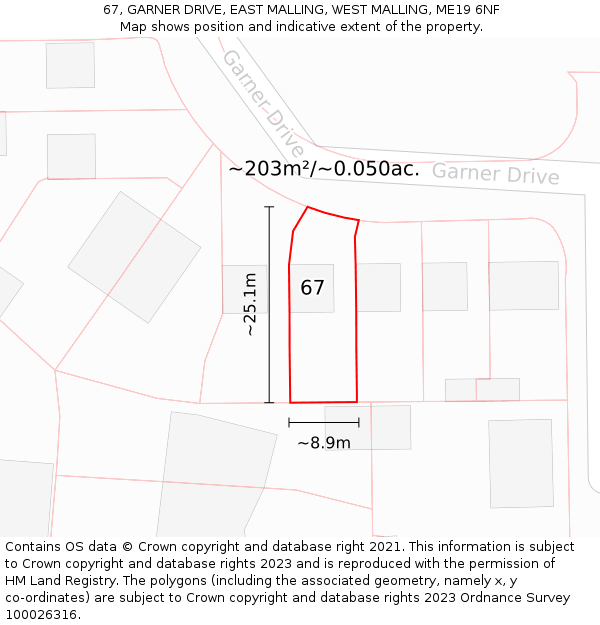67, GARNER DRIVE, EAST MALLING, WEST MALLING, ME19 6NF: Plot and title map