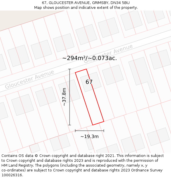 67, GLOUCESTER AVENUE, GRIMSBY, DN34 5BU: Plot and title map