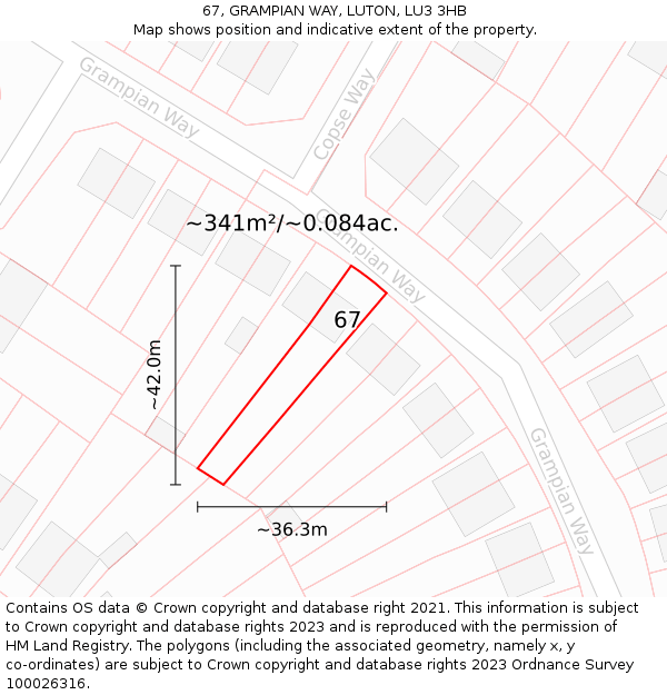 67, GRAMPIAN WAY, LUTON, LU3 3HB: Plot and title map