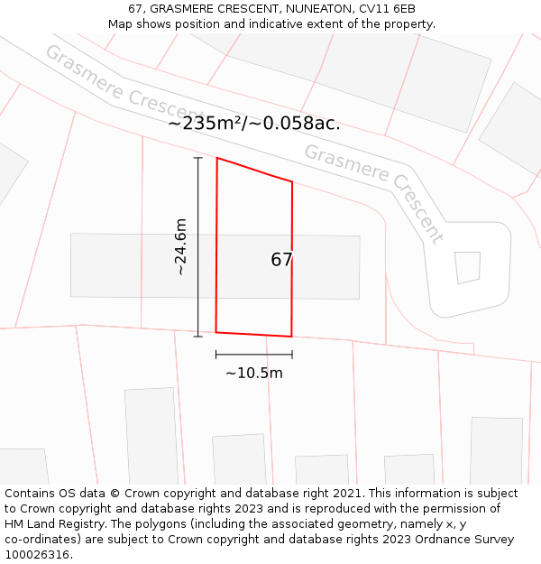 67, GRASMERE CRESCENT, NUNEATON, CV11 6EB: Plot and title map