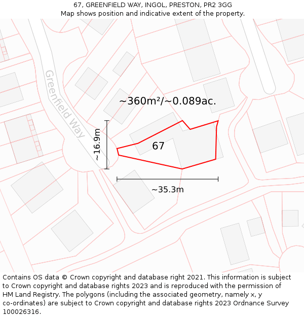67, GREENFIELD WAY, INGOL, PRESTON, PR2 3GG: Plot and title map