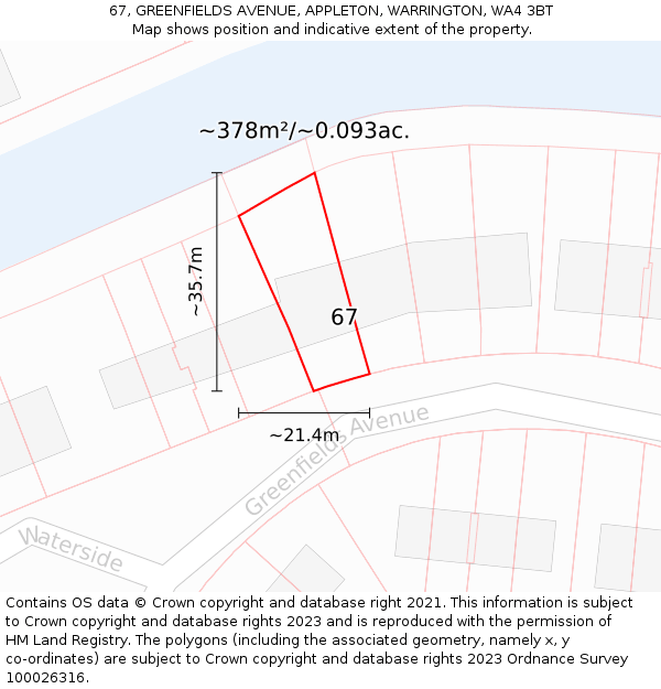 67, GREENFIELDS AVENUE, APPLETON, WARRINGTON, WA4 3BT: Plot and title map