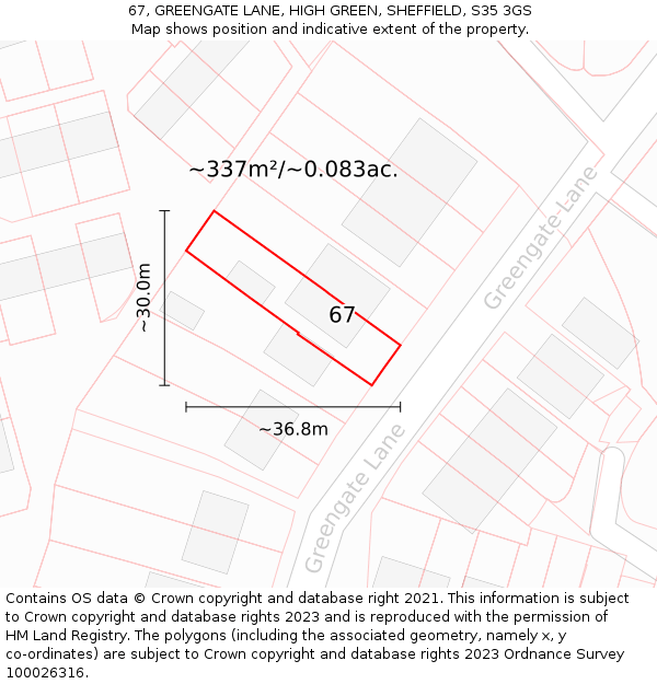 67, GREENGATE LANE, HIGH GREEN, SHEFFIELD, S35 3GS: Plot and title map