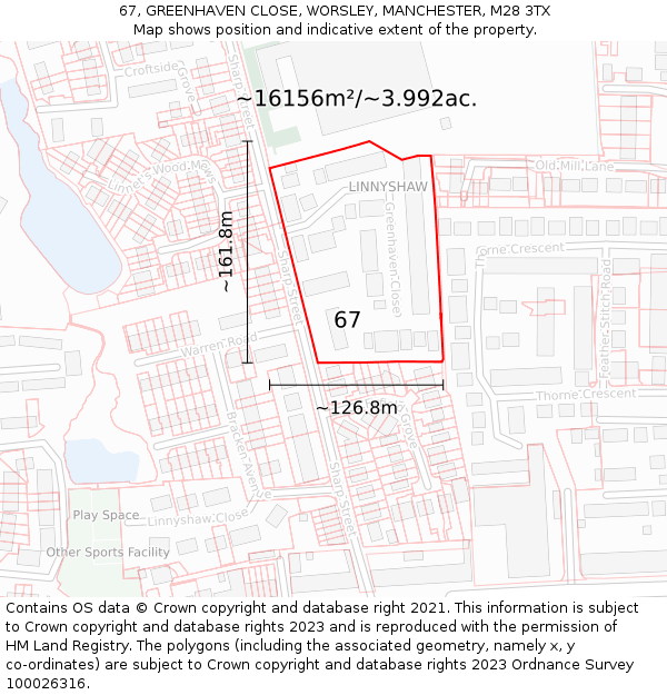 67, GREENHAVEN CLOSE, WORSLEY, MANCHESTER, M28 3TX: Plot and title map