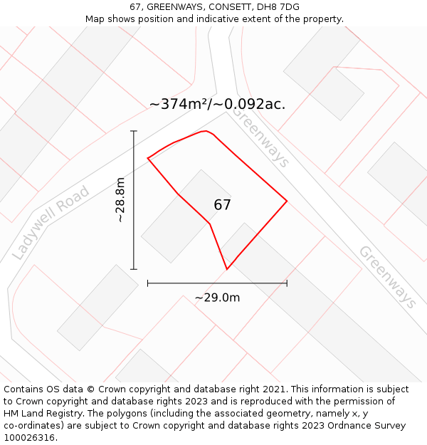 67, GREENWAYS, CONSETT, DH8 7DG: Plot and title map