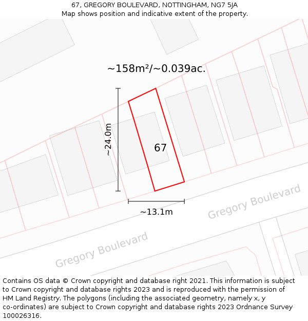67, GREGORY BOULEVARD, NOTTINGHAM, NG7 5JA: Plot and title map