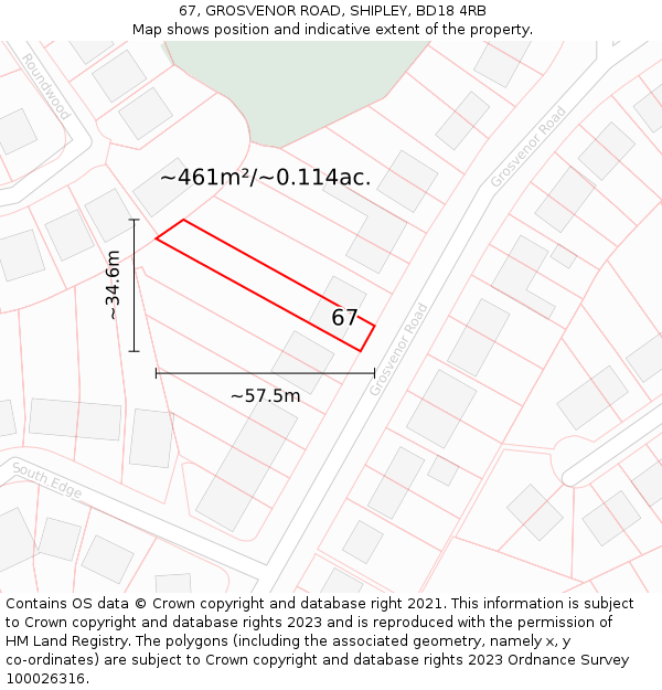 67, GROSVENOR ROAD, SHIPLEY, BD18 4RB: Plot and title map