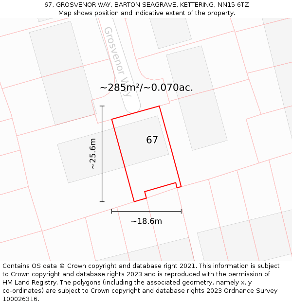 67, GROSVENOR WAY, BARTON SEAGRAVE, KETTERING, NN15 6TZ: Plot and title map