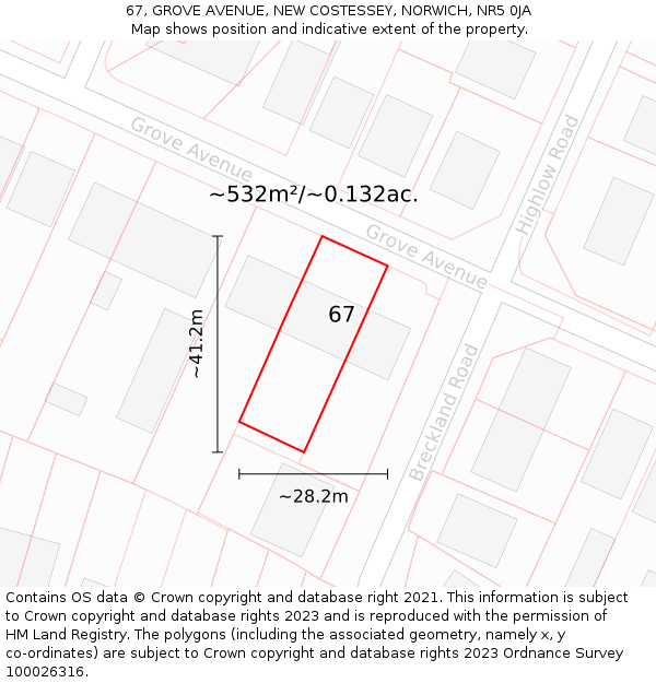 67, GROVE AVENUE, NEW COSTESSEY, NORWICH, NR5 0JA: Plot and title map