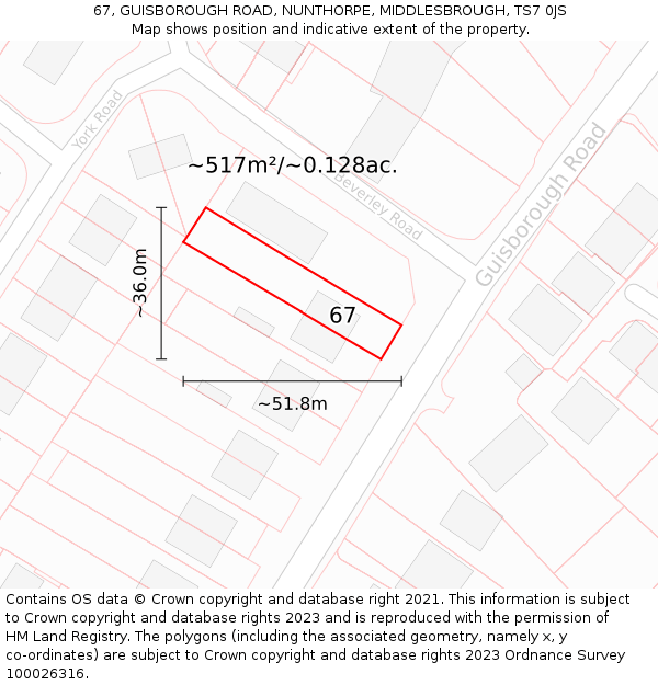 67, GUISBOROUGH ROAD, NUNTHORPE, MIDDLESBROUGH, TS7 0JS: Plot and title map
