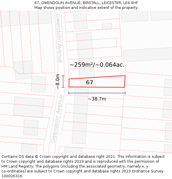 67, GWENDOLIN AVENUE, BIRSTALL, LEICESTER, LE4 4HF: Plot and title map
